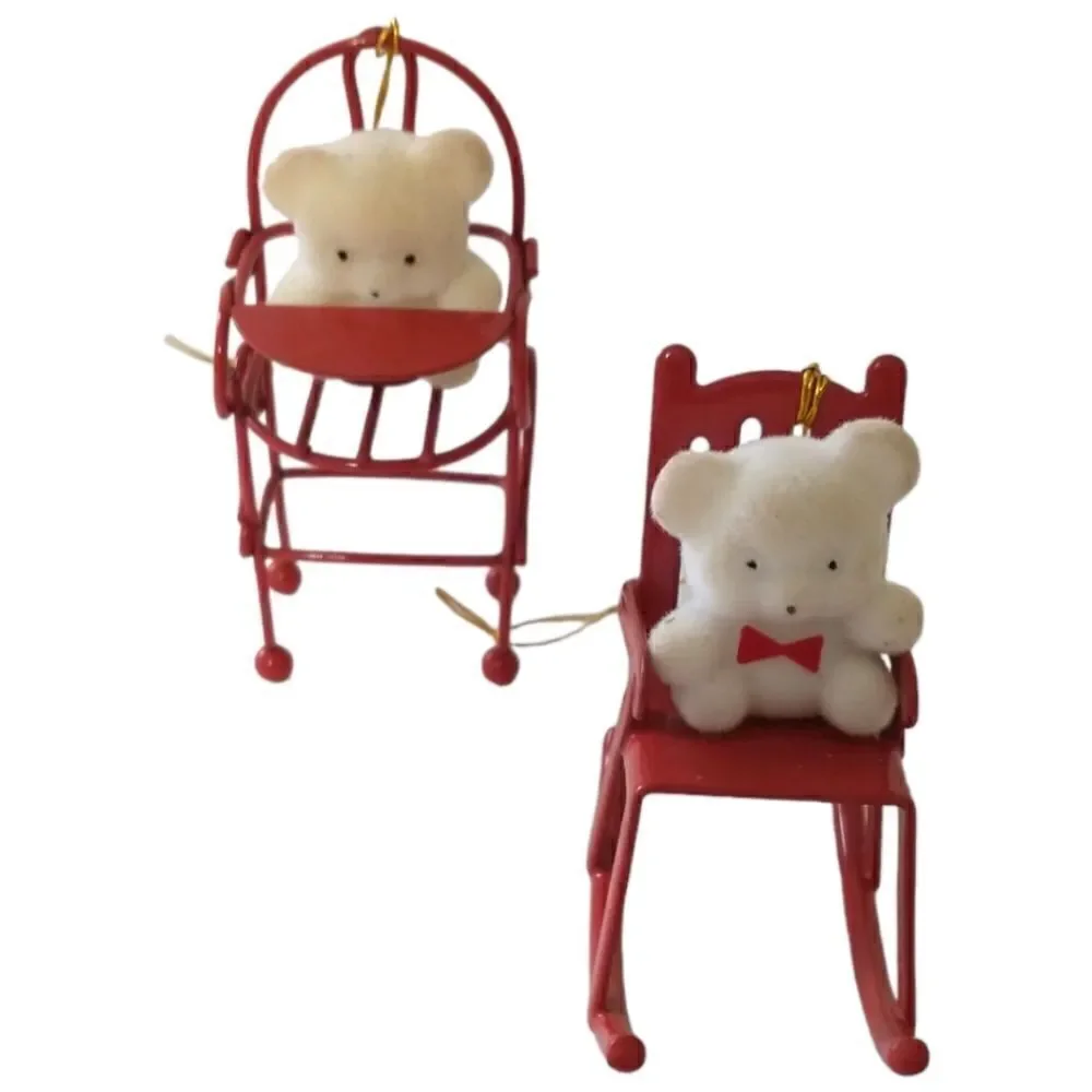 Avon Flocked Teddy Bear Ornament‎ Lot x 2 Red Metal Rocking Chair High Chair.